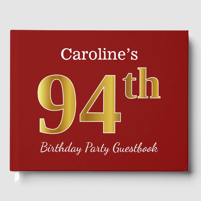 Red, Faux Gold 94th Birthday Party + Custom Name Guest Book (Front)