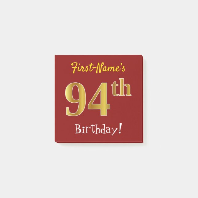 Red, Faux Gold 94th Birthday, With Custom Name Post-it Notes (Front)