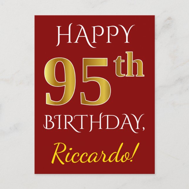 Red, Faux Gold 95th Birthday + Custom Name Postcard (Front)