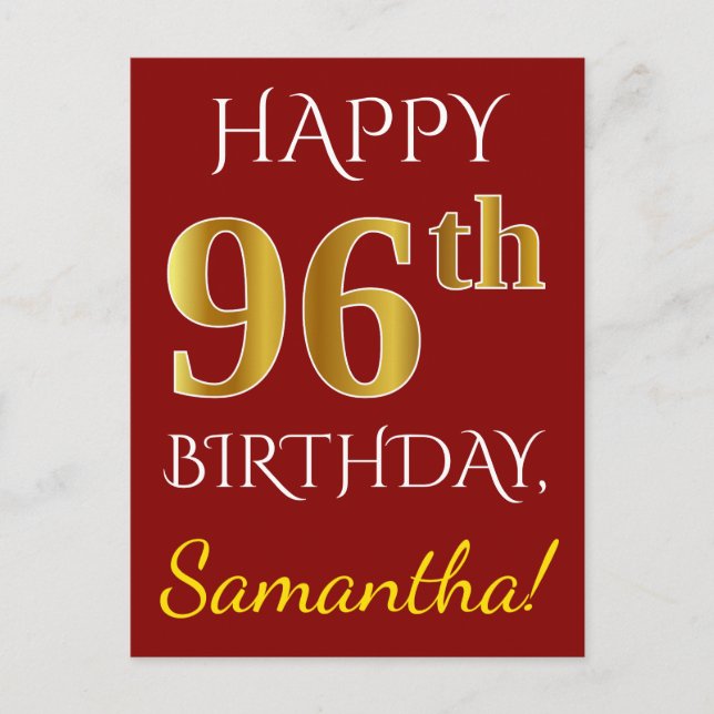 Red, Faux Gold 96th Birthday + Custom Name Postcard (Front)