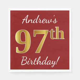 Red, Faux Gold 97th Birthday + Custom Name Napkin