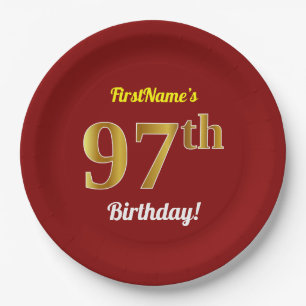 Red, Faux Gold 97th Birthday + Custom Name Paper Plate