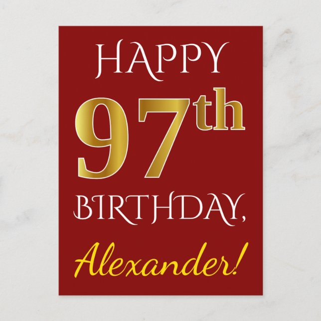 Red, Faux Gold 97th Birthday + Custom Name Postcard (Front)