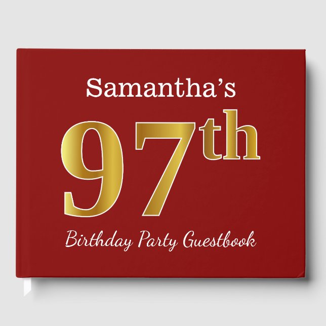 Red, Faux Gold 97th Birthday Party + Custom Name Guest Book (Front)