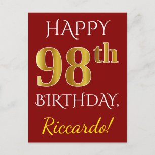 Red, Faux Gold 98th Birthday + Custom Name Postcard