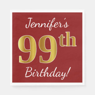 Red, Faux Gold 99th Birthday + Custom Name Napkin