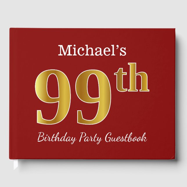 Red, Faux Gold 99th Birthday Party + Custom Name Guest Book (Front)
