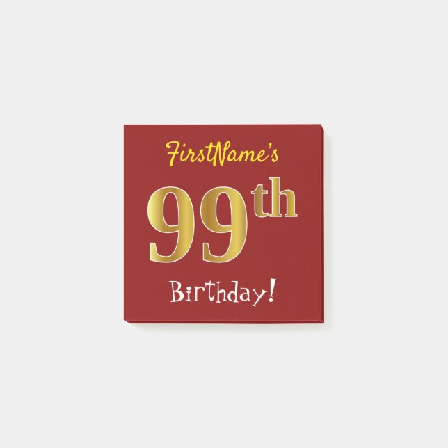 Red, Faux Gold 99th Birthday, With Custom Name Post-it Notes (Front)