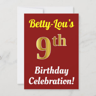 Red, Faux Gold 9th Birthday Celebration + Name Invitation