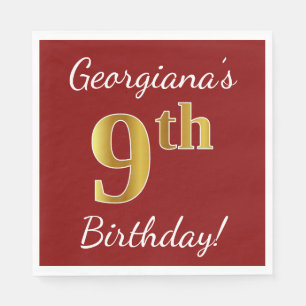 Red, Faux Gold 9th Birthday + Custom Name Napkin