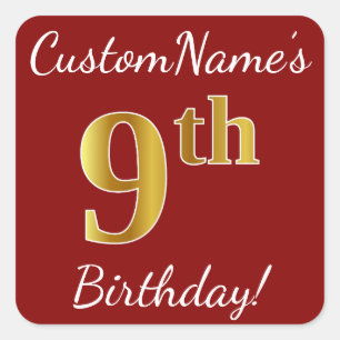 Red, Faux Gold 9th Birthday + Custom Name Sticker