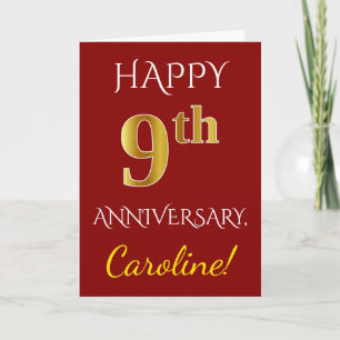 Red, Faux Gold 9th Wedding Anniversary + Name Card
