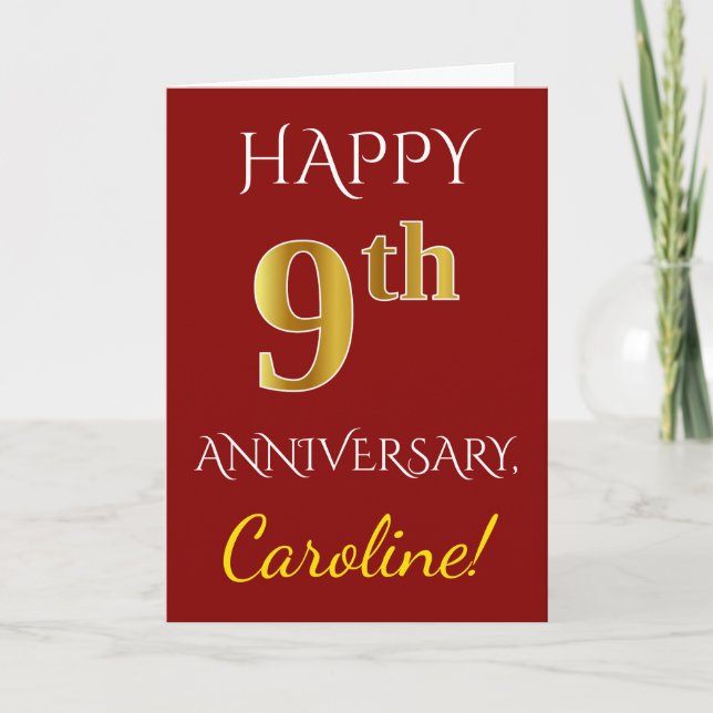 Red, Faux Gold 9th Wedding Anniversary + Name Card (Front)
