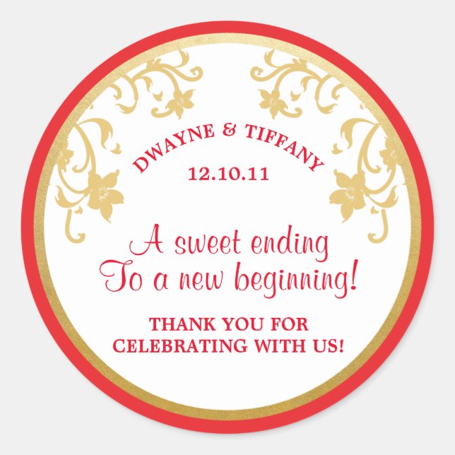Red & Faux Gold Foil Love is Sweet - Gold Flowers Classic Round Sticker (Front)