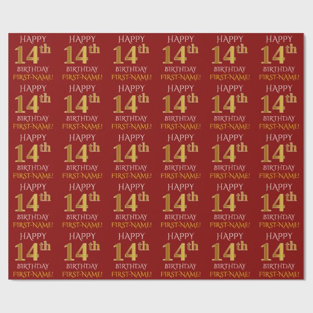 Red, Faux Gold "HAPPY 14th BIRTHDAY" Wrapping Paper (Flat)