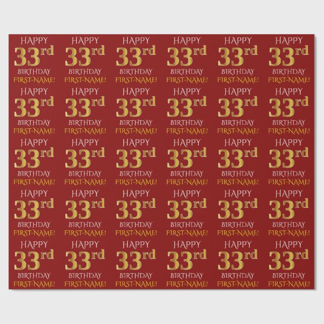 Red, Faux Gold "HAPPY 33rd BIRTHDAY" Wrapping Paper (Flat)
