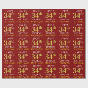 Red, Faux Gold "HAPPY 34th BIRTHDAY" Wrapping Paper