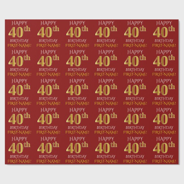 Red, Faux Gold "HAPPY 40th BIRTHDAY" Wrapping Paper (Flat)