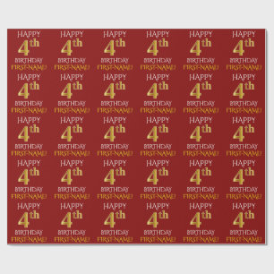 Red, Faux Gold "HAPPY 4th BIRTHDAY" Wrapping Paper