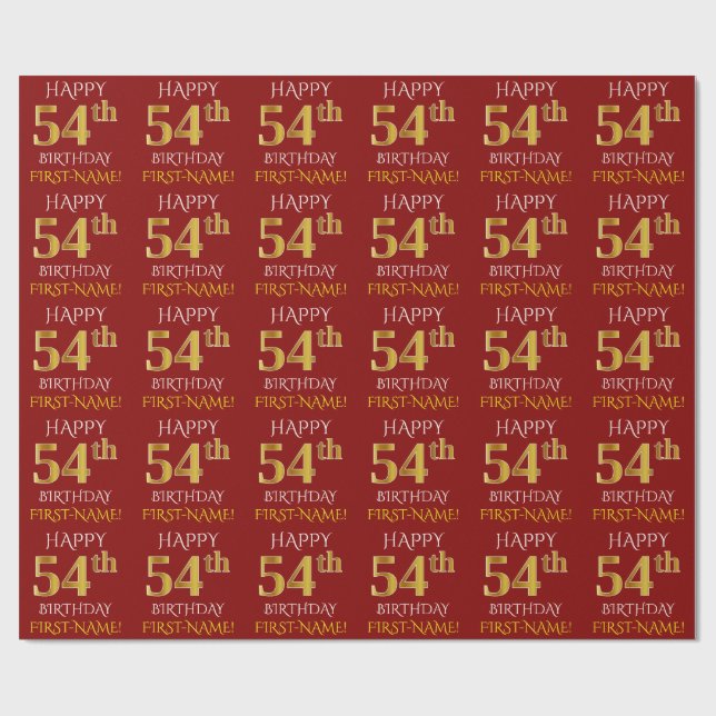 Red, Faux Gold "HAPPY 54th BIRTHDAY" Wrapping Paper (Flat)
