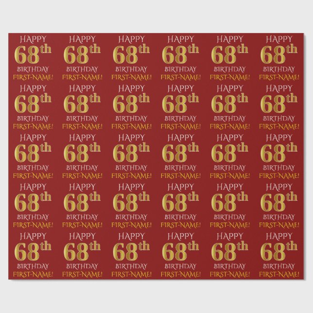 Red, Faux Gold "HAPPY 68th BIRTHDAY" Wrapping Paper (Flat)