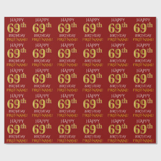 Red, Faux Gold "HAPPY 69th BIRTHDAY" Wrapping Paper
