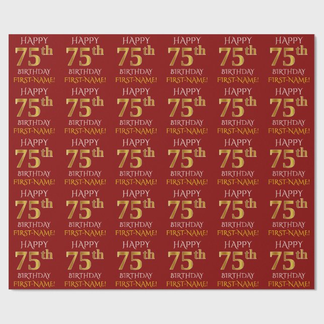 Red, Faux Gold "HAPPY 75th BIRTHDAY" Wrapping Paper (Flat)
