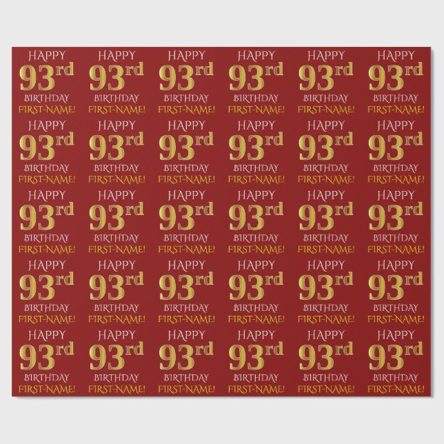 Red, Faux Gold "HAPPY 93rd BIRTHDAY" Wrapping Paper (Flat)