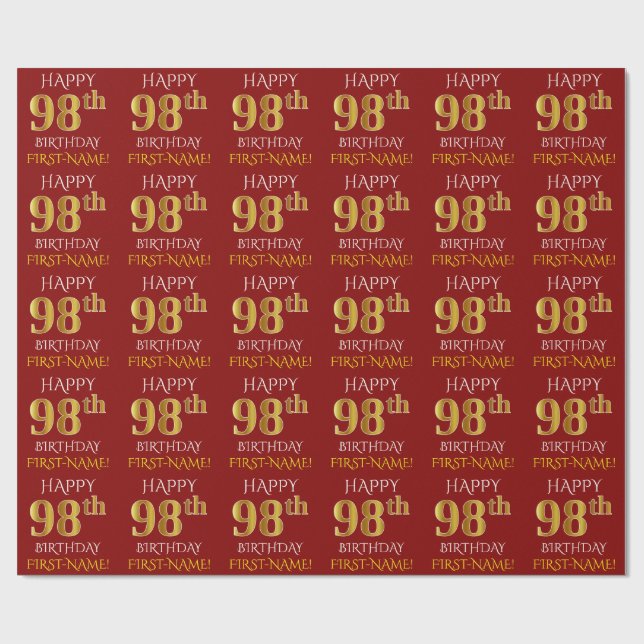 Red, Faux Gold "HAPPY 98th BIRTHDAY" Wrapping Paper (Flat)