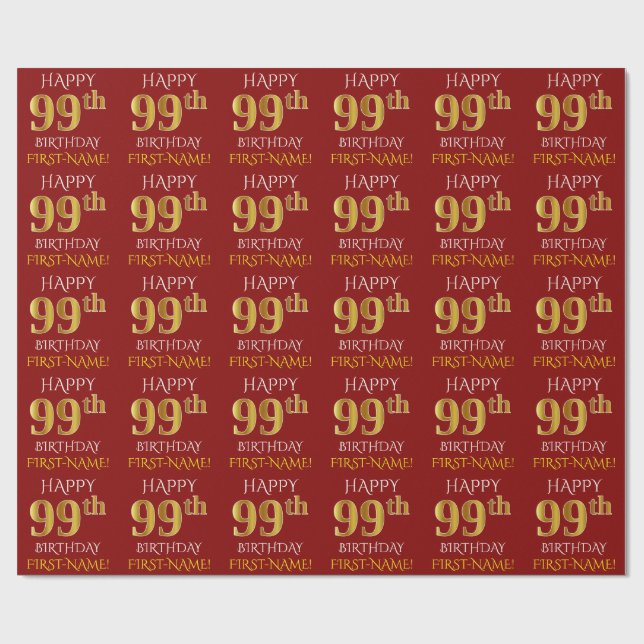Red, Faux Gold "HAPPY 99th BIRTHDAY" Wrapping Paper (Flat)