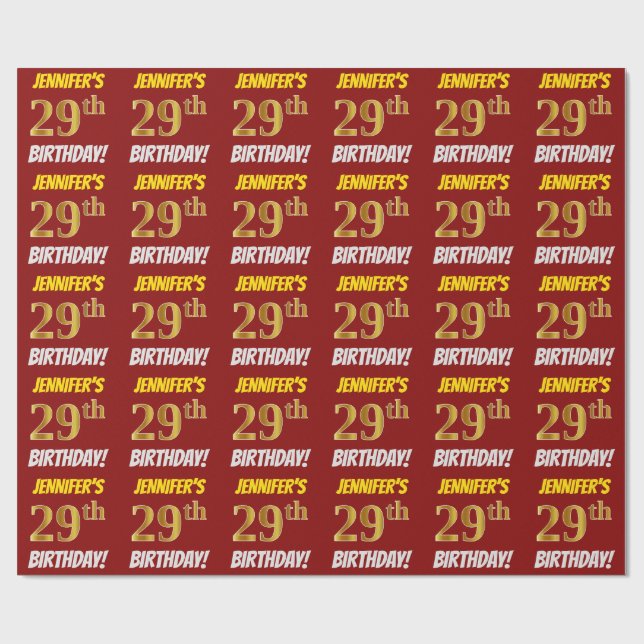 Red, Faux/Imitation Gold, "29th BIRTHDAY" Wrapping Paper (Flat)
