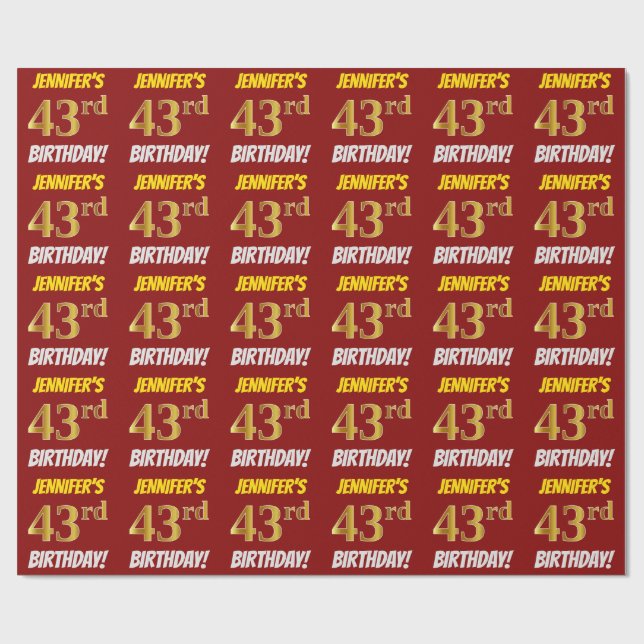 Red, Faux/Imitation Gold, "43rd BIRTHDAY" Wrapping Paper (Flat)