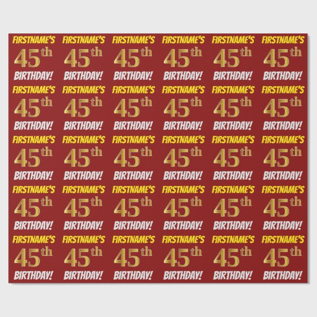 Red, Faux/Imitation Gold, "45th BIRTHDAY" Wrapping Paper (Flat)