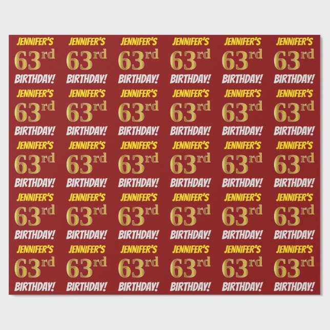 Red, Faux/Imitation Gold, "63rd BIRTHDAY" Wrapping Paper (Flat)