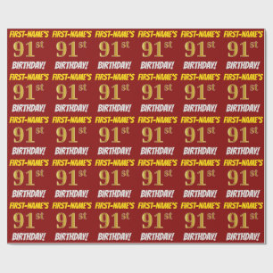 Red, Faux/Imitation Gold, "91st BIRTHDAY" Wrapping Paper