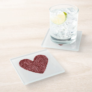 Red Faux Knit Heart Glass Coaster