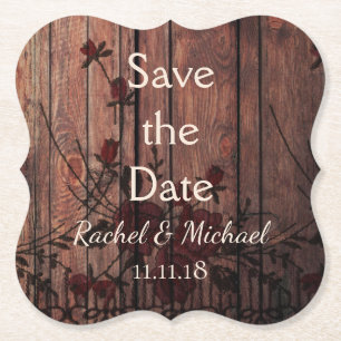 Red Faux Lace and Wood Save the Date Paper Coaster