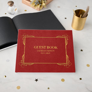 Red Faux Leather Gold Frame Guest Book