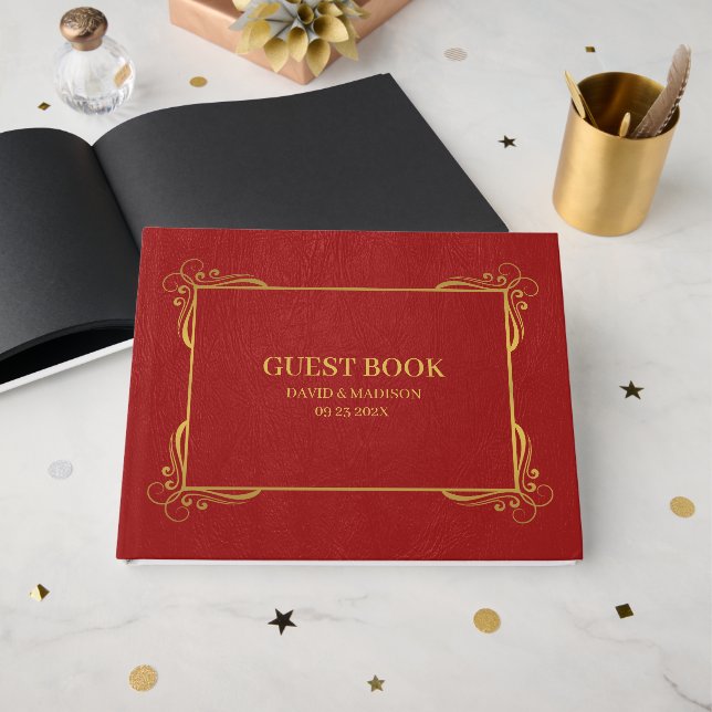 Red Faux Leather Gold Frame Guest Book (Front Open)