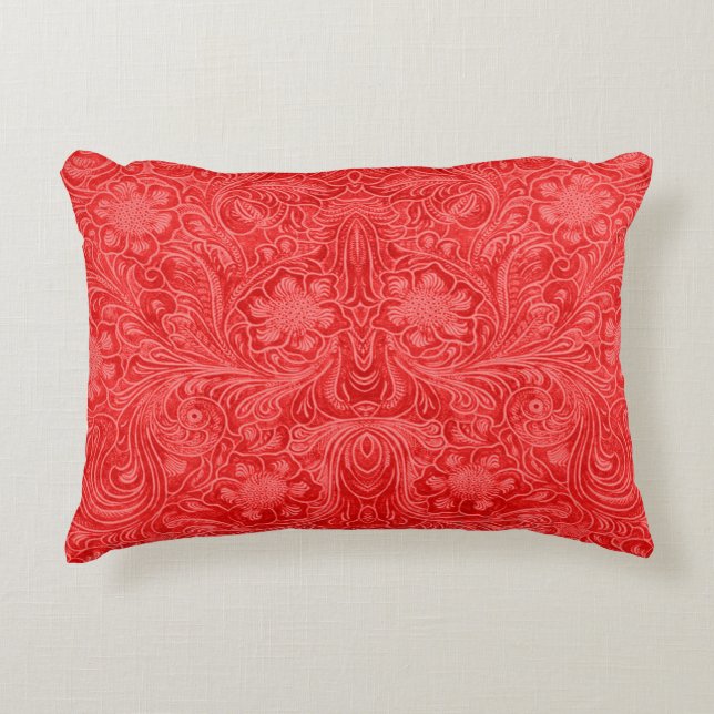 Red Faux Leather Pattern-Embossed Floral Decorative Cushion (Front)