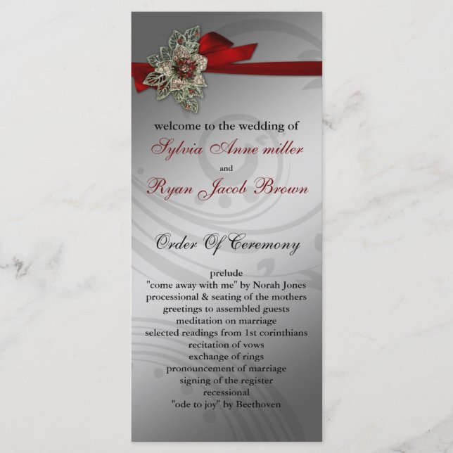 Red FAUX ribbon vintage brooch Wedding Programme (Front)