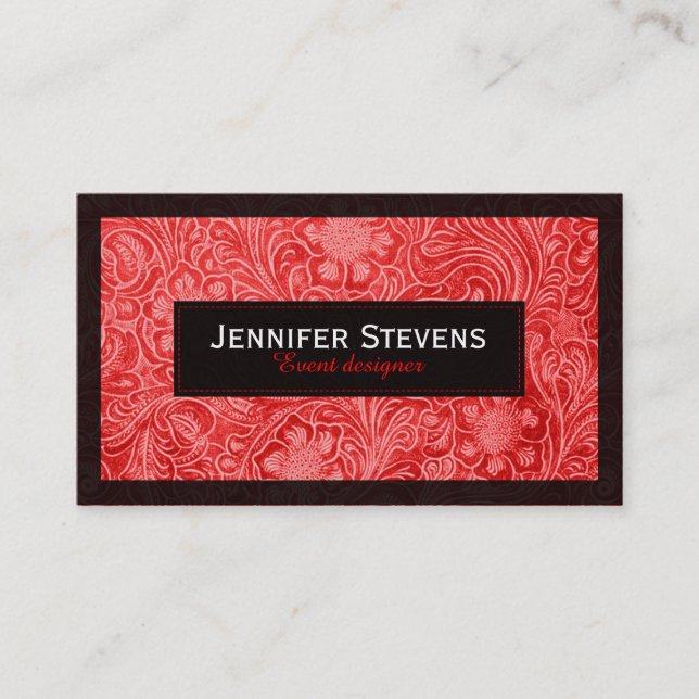 Red Faux Suede Leather Floral Design Business Card (Front)