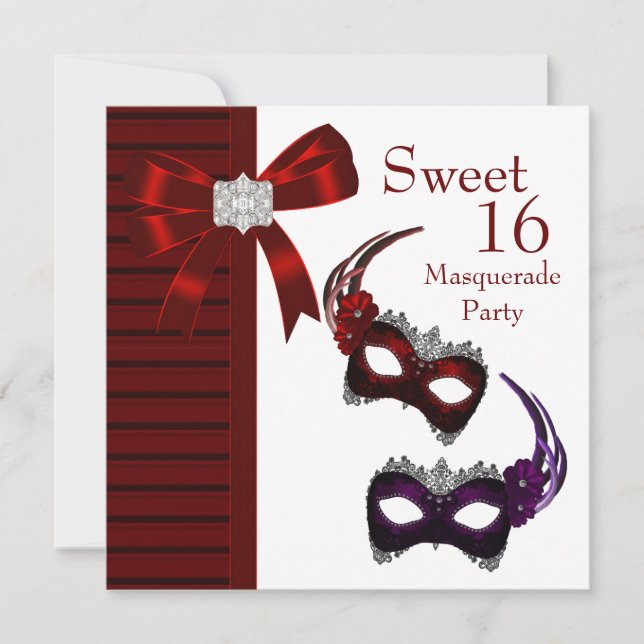 Red Feather Masks Sweet 16 Masquerade Party Invitation (Front)