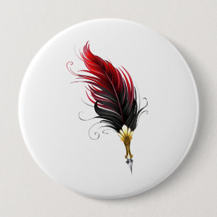 Red feather pen with gold nib 10 cm round badge