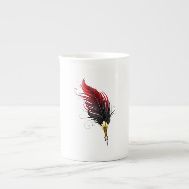Red feather pen with gold nib bone china mug (Front)