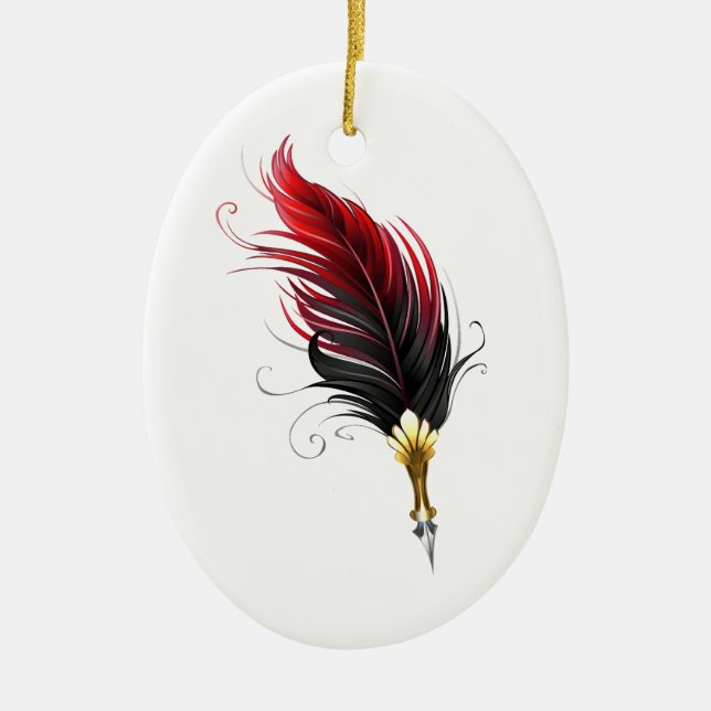 Red feather pen with gold nib ceramic tree decoration (Front)