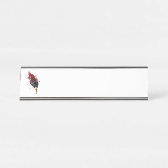 Red feather pen with gold nib desk name plate (Front)