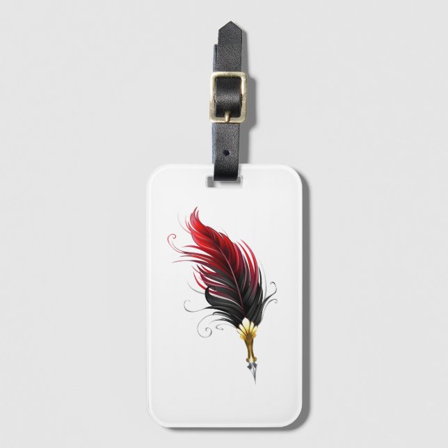 Red feather pen with gold nib luggage tag (Front Vertical)