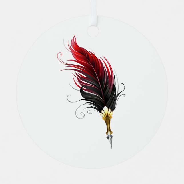 Red feather pen with gold nib metal tree decoration (Front)