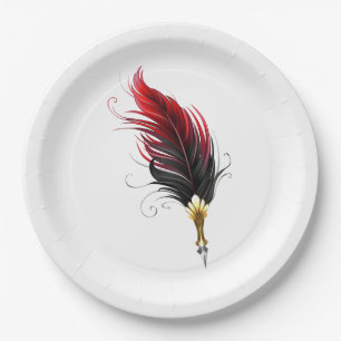 Red feather pen with gold nib paper plate